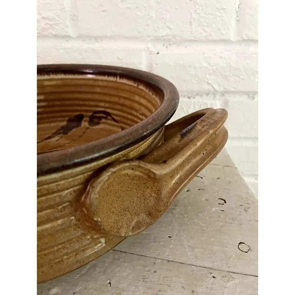 Vintage Studio Pottery Handled Stoneware Serving Bowl Brown Floral Glaze 11.5